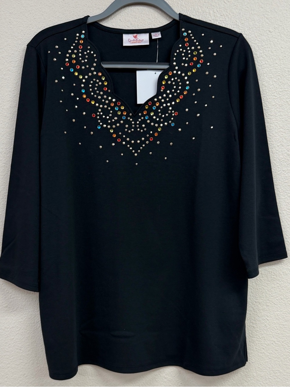 Quacker Factory Swirling Leaves Rhinestone Top NWT Size Large Black QVC